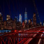 New York City skyline and Brooklyn Bridge at night