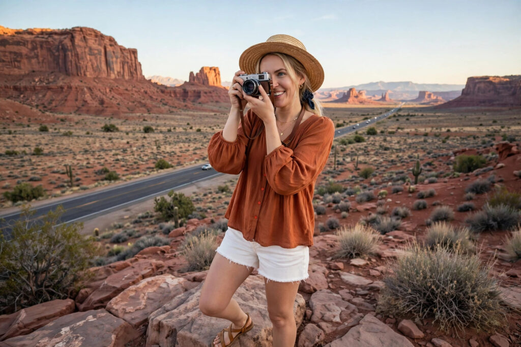 Victoria Adam photographing a desert road in the American Southwest — USA Traveller Guide
