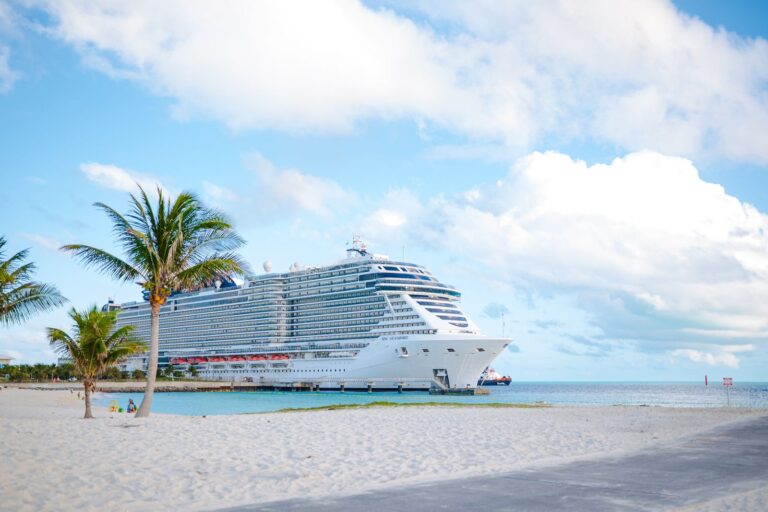 Cruise ship docked at a Bahamas beach