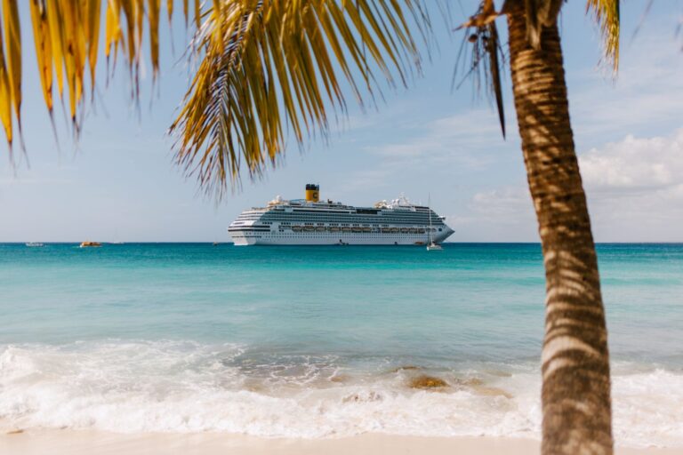 Caribbean cruise ship anchored off a tropical beach